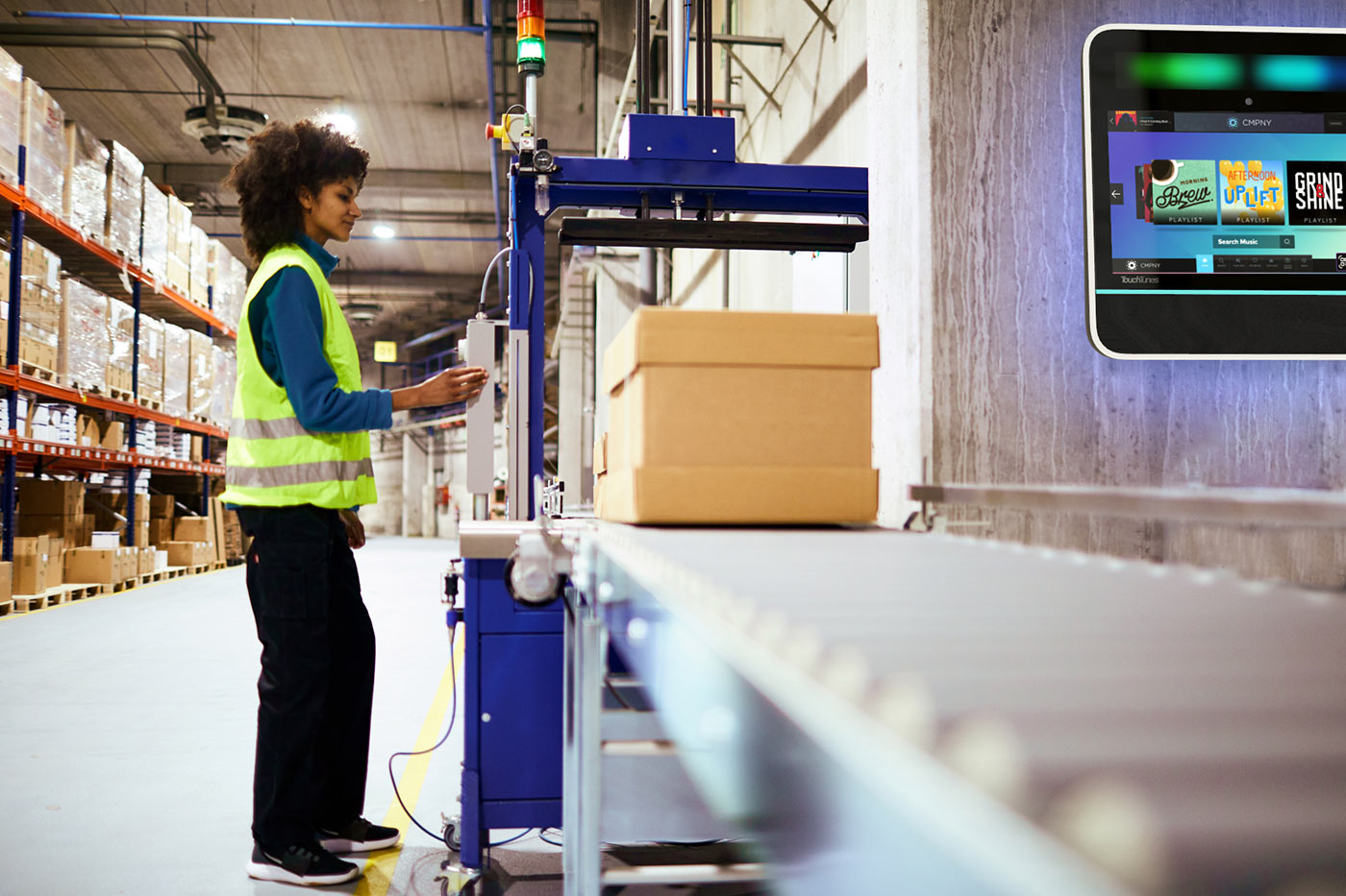 TouchTunes Unlimited jukebox in a fulfillment center